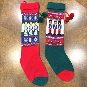 Vintage Avon Christmas Stocking Set of 2 Varied Designs 100% Acrylic Knit 23"